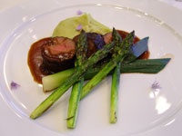 Porcini Mushroom Crusted Noisette of Lamb, Baby Leek-Yukon Gold Potato Purée, Asparagus Tips in a Pinot Noir Reduction