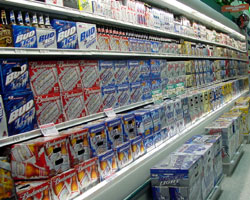 Cases of beer at a supermarket