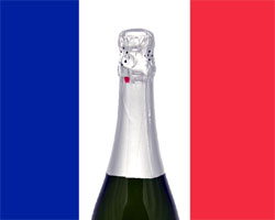 A bottle of Champagne in front of the French national colors